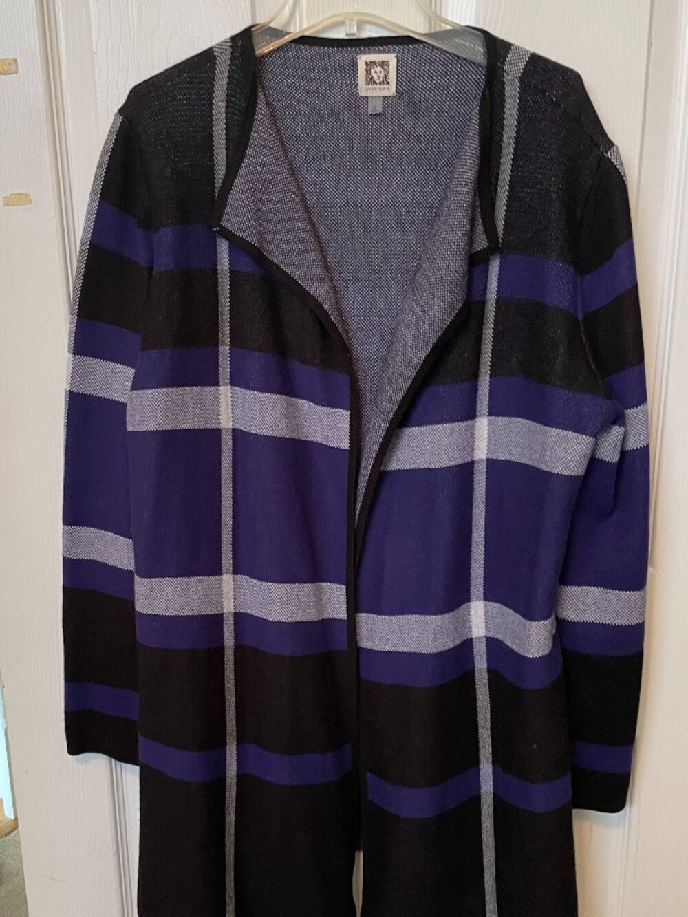Anne Klein Cardigan Sweater Open Front Tunic Duster Large Purple Black long L